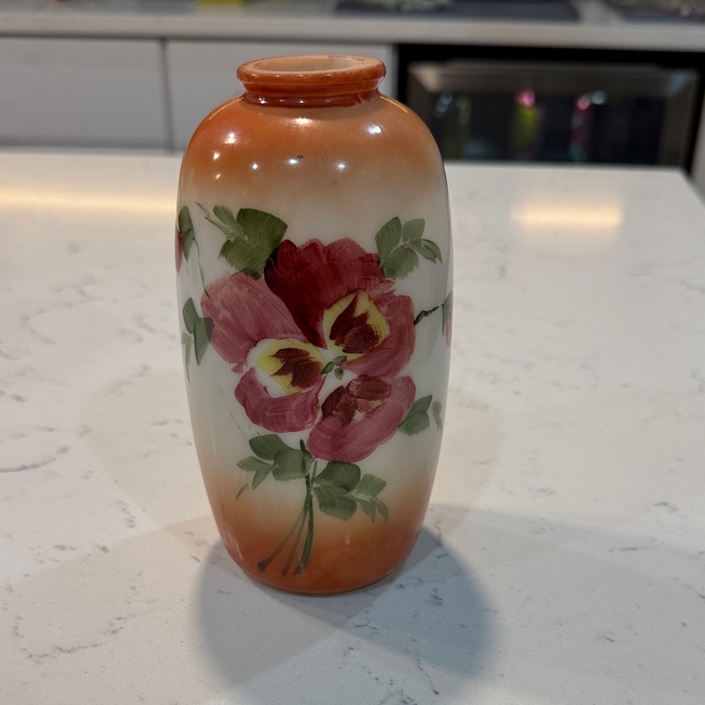 Vintage Hand-Painted Floral Ceramic Vase in Orange and Cream